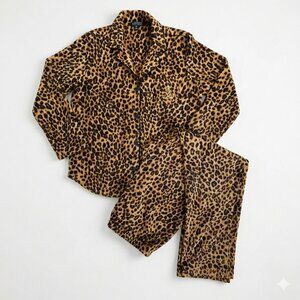 Lauren Ralph Lauren Black Label Leopard Fleece PJ Set M Gold Monogram 2pc Animal